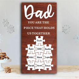 Personalized Fathers Day Puzzle Wood Plaque Decor Customized Family Kids Names DAD PAPA Signs Board Living Room Wall Art 220623