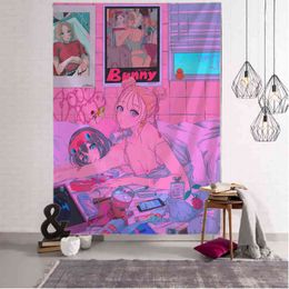 Kawaii Anime Girl Carpet Wall Hanging Pink Cute Boho Style Psychedelic Hippie Background Home Decor J220804