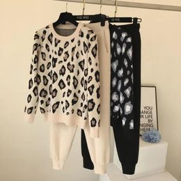 Women's Two Piece Pants Women Long Sleeve Leopard Print Knit Set Fashion Casual Pullover Short Top Elastic Waist Harem Suit StreetwearWomen'
