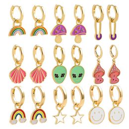 New Colorful Rainbow Alien Mushroom Smiling Face Drop Earrings female Punk Small Circle Gold Ear Rings Huggie Statement Jewelry G220312