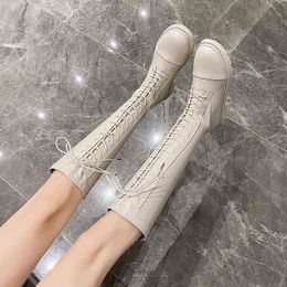 2022 Western Style Lace Up Genuine Leather Knee High Boots Women Shoes Winter Size Knee High Boots Knee High Boots Square Heel Y220729