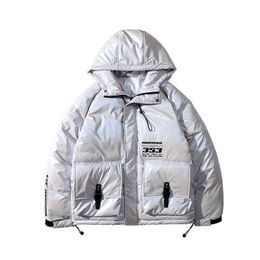 Milk Blue Padded Fried Street down Laser Glossy Parka Jacket Men's Fashion Brand Winter Disposable Workwear Hooded Cotton-Padded T220802