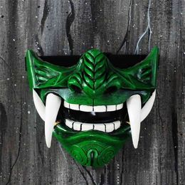 Adult Unisex Latex Japanese Prajna Hannya Noh Kabuki Demon Samurai Half Face Mask Halloween Green Blue White Black 220707