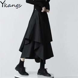 Japanese Gothic Irregular High-Waist Pleated Skirt Women Black Harajuku Punk Cargo Skirt Summer Vintage Clothing Long Saia 220505