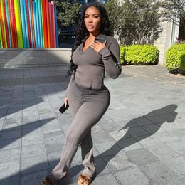 Women's Two Piece Pants Active Wear Grey Elastic Hight Pant Suits Sets Turn Down Collar Long Sleeve Tops And Bodycon Bell Bottom
