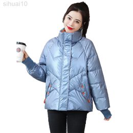 New Down Cotton Coat Winter Fashion Stand-up Collar Pocket Loose Casual Colour Contrast Glossy Temperament Outerwear L220730