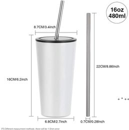 Sublimation Blanks Tumbler 16 OZ Stainless Steel White Coffee Travel Tumbler with Metal Straw and Lid Sublimation Mugs Cups