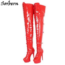 Sorbern Crotch Thigh High Women Boots 15cm Heels Shaft Height 80cm Ladies Spike High Heels Platform Lace Up Buckle Strap