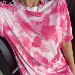 Rapwriter Casual Tie Dye Summer T Shirt And Shorts Two Piece Set Women Oversized Tee Shirt Slim Shorts Track Suit Outfits Femme 210331