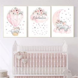 Custom Baby Girl Name Poster Personalised Nursery Pink Elephant Wall Art Customization Canvas Painting Decoration Kids Bedroom 220614