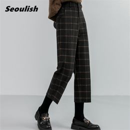 Seoulish Autumn Winter Woolen Plaid Women Formal Straight Pants High Waist Ankle-Length Chic Loose Ladies Pocket 220325
