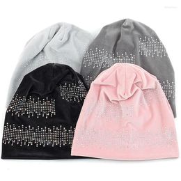 Beanie/Skull Caps Fashion Women Solid Color Beanie Hat Rhinestone Pullover Cap Adult Skull For Female Girls Winter Soft Warm Bonnets Delm22