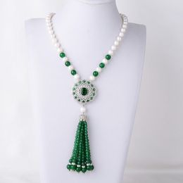 Pendant Necklaces 18" Cultured White Pearl Green Gems Stone Necklace CZ PendantPendant
