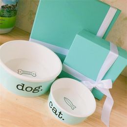 Blue ceramic pet drinking water basin dog food pot cat bowl gift 210320