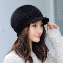 Visors Pearl Plush Peaked Hat Women Winter Thermal Knitted Cap Windproof Solid Earmuffs Autumn Female Beret