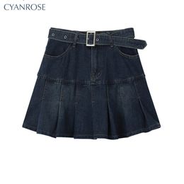 Y2k High Waist Denim Mini Pleated Skirts With Belt Women Summer Fashion Retro A Line Skirt Korean Ins Female Casual W220426