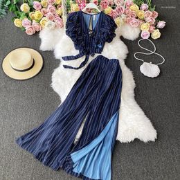 Blue Striped Crop Top Long Pant Two Piece Set Women Summer Sexy Backless Knotted Tops Wide Leg Pants Party 2 Sets