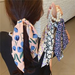 12pcs Girls Summer Elastic Bow Scrunchies Floral Print Ponytail Scarf Hair Ties Accessories Long Ribbon Hairbands