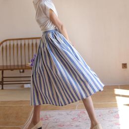 Skirts Women 2022 Spring Summer Stripe Print Cotton Linen Skirt Female Fashion Party Pleated Lady Chic A-Line Midi J33