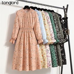 Women's Chiffon Dress Female Vintage Floral Printed Long Sleeve Half Turtleneck Midi Dresses Spring Autumn Flare Vestidos 220402