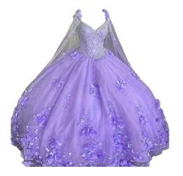 Off Shoulder Quinceanera Dress Ball Gowns 3D Flower Sweet 15 16 Prom Gown Detachable Cape Vestidos De 15 Anos BQ06