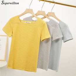 Women Striped Tshirt Cotton VNeck Short Sleeve Female T shirt Ladies Tops Casual Summer Striped Ladies Top Tees Black T200516