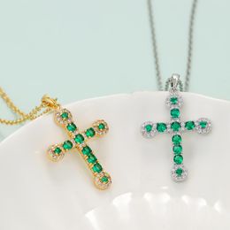 Pendant Necklaces Exquisite Fashion Emerald Green Zircon Cross Necklace Gold Silver Colour Collier Lady Women Christian Jewellery GiftPendant