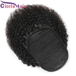 curly human hair ponytail extensions UK - Kinky Curly Clip Ins Drawstring Ponytail 8"-22" Peruvian Virgin Human Hair Ponytail Extensions Afro Curls Pony Tail For 359l