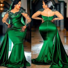 Arabic Aso Ebi Hunter Green Mermaid Prom Dresses Lace Sheer Neck Long Sleeves Evening Formal Party Second Reception Birthday Engagement Gowns Dress