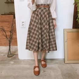 Elastic waist Vintage Skirts Plus Size Harajuku Korean Plaid Skirt Women High Waist School Girls mid carf Pleated skirt 210311