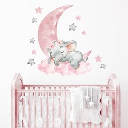 Cartoon Pink Baby Elephant Wall Stickers Air Balloon Wall Decals Baby Nursery Decorative Stickers Moon and Stars for Girl 220727