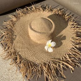 Wide Brim Hats 2022 Natural Raffia Straw Hat Summer For Women Large Sun Protection Lady Gilrs Holiday Panama Beach Elob22