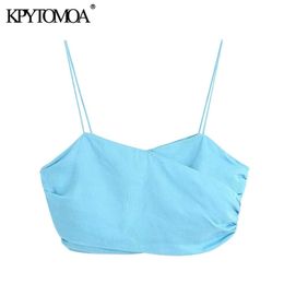 KPYTOMOA Women Sexy Fashion Gathered Strappy Cropped Tank Top Vintage Backless Elastic Thin Straps Female Camis Chic Tops 210401