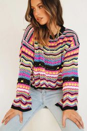 Rainbow Sweater Autumn Winter Women Casual Round Neck Long Sleeve Loose Pullovers Lady Fashion Patchwork Knitted Striped Sweater 220815