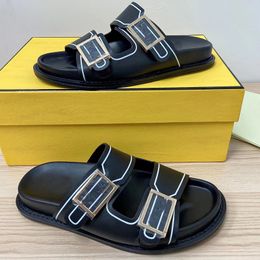 Men Leather Bottom Beach Slides Rubber Soles Women Canvas Sandals Double Strap Flat Buckle Slippers Mule Shoes Summer Flip Flops With Box NO394