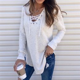 Solid Tee Shirt Pulovers Tunic Top Female Clothing Autumn Women's Casual Sexy Hollow Out Bandage V Neck Long Sleeve T-shirt 220321