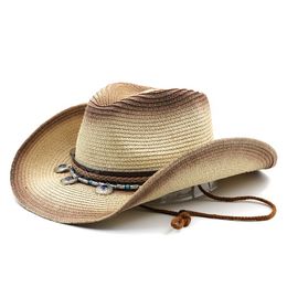 Gradient Cowboy Straw Hats Summer Men Women Wide Brim Jazz Hat Unisex Breathable Beach Vintage Male Ladies Fedora Hat