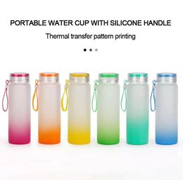 Wholesale 17oz Sublimation Blank Glass Cups Water Bottle Frosted Gradient Colour Matte Glasses Tumbler Mugs With Lids & handles