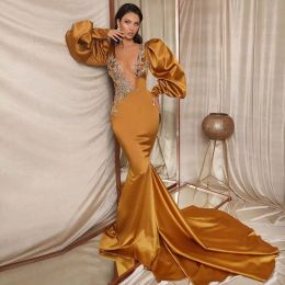 Orange Mermaid Prom Dress 2022 Long Sleeves Beads Satin Evening Gowns For Women Party Robe De Femme