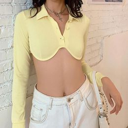 Women's T-Shirt Sexy Lapel Crop Top Casual Long Sleeve Button Front Solid Colour Tee Shirt 2022 Streetwear