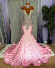 Sparkly Sexy Long Pink Mermaid African Prom Dresses Halter Beading Birthday Party Dress Evening Gown Formal Robe De Bal Custom Made