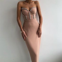 Sexy Straples Dress Bandage Bodycon Elegant Beading Party Evening Club Midi Dresses Summer Autumn Clothes 220402