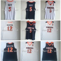 NC01 NCAA Virginia Cavaliers Jerseys 5 Kyle Guy 12 De'Andre Hunter UVA College Basketball Jersey White Blue Size S-XXXL