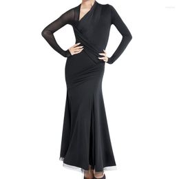 Stage Wear Black Mesh Sleeve Ballroom Dance Dress For Dancing Clothes Waltz Tango Costumes Ball Spanish DressStage