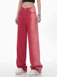 Retro Washed Red Gradient Jeans Women's Summer American High Street Design Casual Wide-leg Mopping Pants Tide Denim Trousers T220728