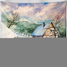 Christmas Oil Paint Wall Carpet Psychedelic Forest Snow View Cabin Hanging Cute Snowman Home Decor J220804