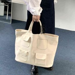Korean Large Capacity Canvas Handbags for Women Weekend Shopper Multi-pocket Female Tote Big White Casual Top Handle Bags 220507
