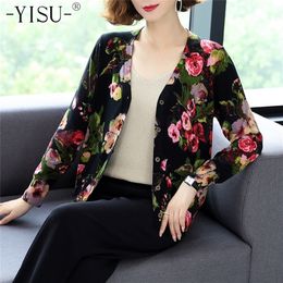 YISU Autumn Casual Knit Cardigan Women Long sleeve V-neck Knit Top Soft Sweater Fashion Flower print sweater cardigan Women 201221