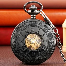 Pocket Watches Classic Black Roman Numerals Carve Manual Mechanical Watch Retro Pendant Hand Winding Luxury Timepiece Gifts MalePocket