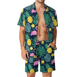 Men's Tracksuits Funny Palm Leaves Men Sets Pineapple Flamingo Lemon Print Casual Shorts Fitness Outdoor Shirt Set Summer Two-piece Hawaiian